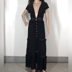 COTTON CANDY black deep v neck tiered maxi dress